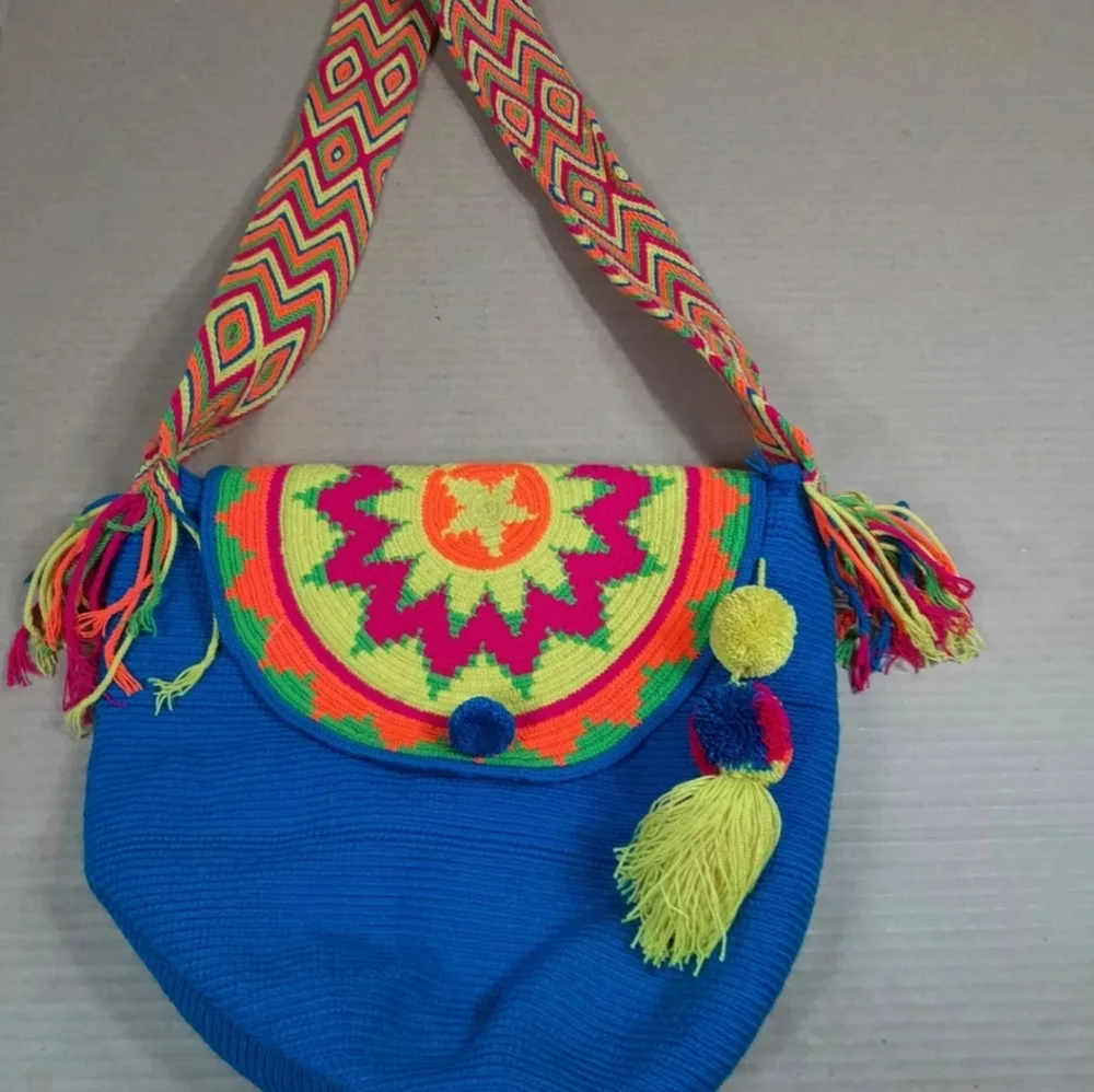 Wayuu Mochila Colombian Bag Turquoise‎ Large  Flap Cover Pompoms Authentic - Picture 3 of 8